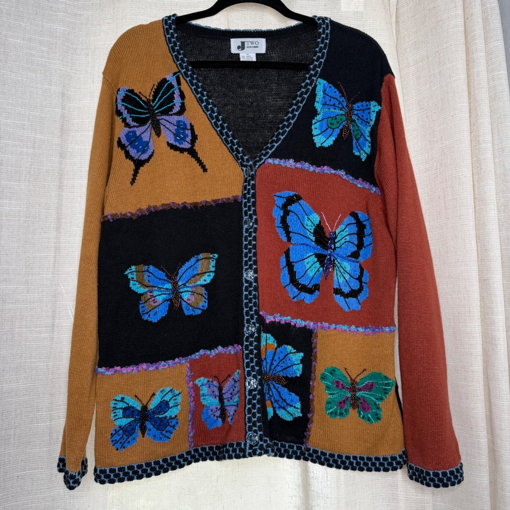 J Two New York Butterfly Patchwork Beaded Knit Cardigan Sweater Vintage XL